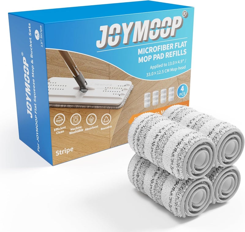 JOYMOOP وسادات ممسحة مسطحة، وسادات تنظيف ميكروفايبر، وسادات قابلة للغسل، بدائل وسادات للممسحة المسطحة أو مجموعة دلو الممسحة، عبوة من 4 إعادة تعبئة 13 بوصة - مخطط - Image 1